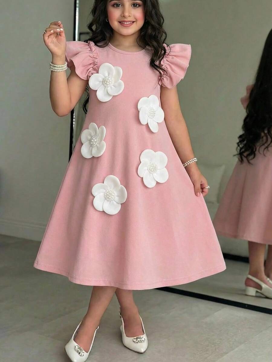 Emery Rose Kids Young Girl Round Neck 3D Floral Decor Casual Vacation Daily Wear Cap Sleeve Dress,Kids - Pink - View 1