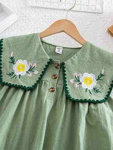 SHEIN Tween Girls/Tween Girl Girls Pastoral Floral Embroidered Pattern Ruffle Collar Puff Sleeve Dress,Versatile Round Neck Trim Contrast Color - Green - View 7