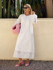 DAZY 女士休闲刺绣花卉系带直筒中长连衣裙，夏季 - 米色 - 查看 6