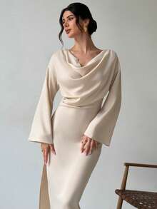 Firerie Yellow V-Neck Flare Sleeve Ruched Waist Office Lady Dress, Minimalist Elegant Daily Commute Dress, Spring/Summer New Arrival - Yellow - View 7