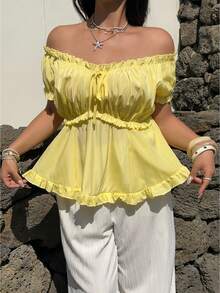 Sunnyshic Plus Size Women's Summer Casual Solid Color Off-Shoulder Frill Trim Bow Tie Front Short Sleeve A-Line Blouse - Light Yellow - View 6