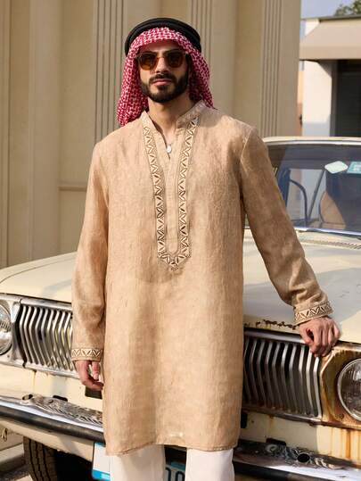 DAZY Mid-Length Khaki Shirt With Drawstring Design, Long Sleeve Men's Shirt