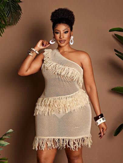 Maweii Plus Size Women's Elegant Vintage Romantic Casual Chic Beach Vacation Sleeveless Hollow-Out Fringed Fitted Mid-Length Sweater Dress, Spring/Summer