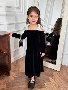 DAZY Young Girl Contrast Color Knot Shoulder Cutout Long Sleeve Dress - Black - View 3