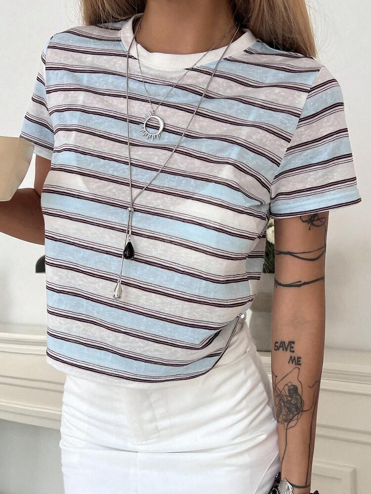 Women's Striped Color Block Round Neck Basic Casual T-Shirt, Suitable For Music Festival, Valentine's Day, Wedding, Street, Outdoor, Beach, Commute, Spring & Summer