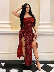 SHEIN SXY 女士性感优雅豹纹飘逸荷叶边开衩修身连衣裙，适合日常外出、聚会、约会、派对、海岛度假、沙滩装、度假服饰 - 紅色 - 查看 3