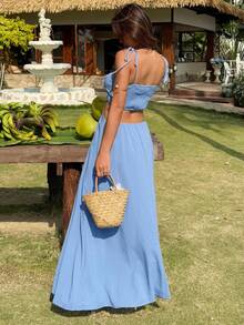 KARISMINA 花卉印花不对称肩部休闲连衣裙，情人节、约会装、度假装女士 - 藍色 - 查看 2