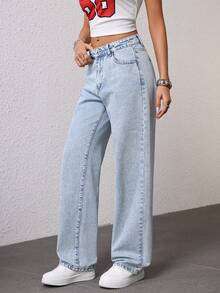 SHEIN EZwear Women's Pocketed Wide Leg Loose Casual Versatile Jeans - Light Wash - View 4