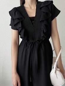 FRIFUL Bộ áo liền quần Palazzo ống rộng, tay ngắn, viền bèo nhún, thắt eo dành cho nữ. - màu đen - Xem 1