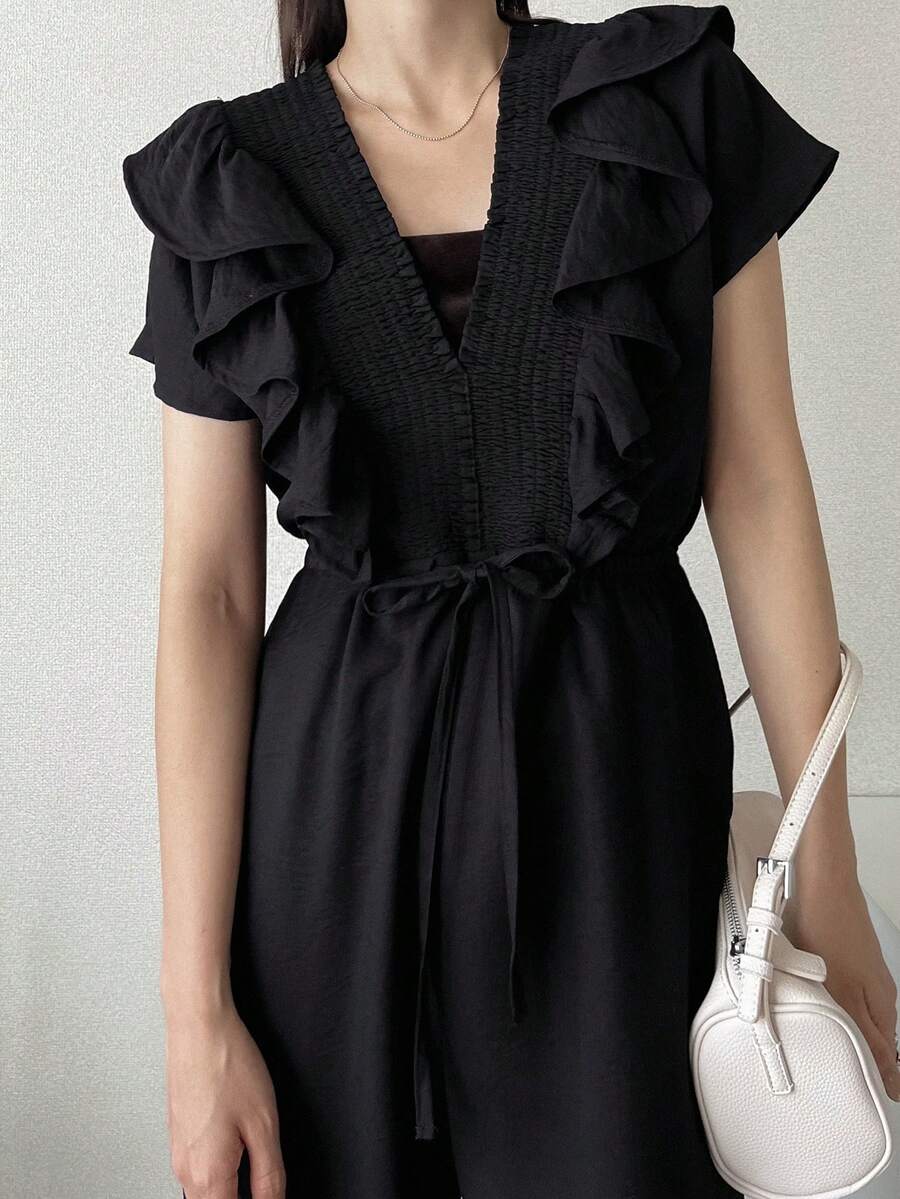 FRIFUL Bộ áo liền quần Palazzo ống rộng, tay ngắn, viền bèo nhún, thắt eo dành cho nữ. - màu đen - Xem 1