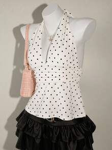 SHEIN PETITE CURVE Plus Size Women Polka Dot Print Deep V Neck Ruched Fashion Camisole - Black and White - View 7