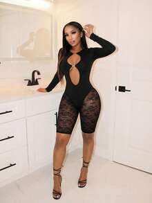 BamGleam Women's Black Lace Patchwork Hollow Out Round Neck Long Sleeve Jumpsuit,Autumn Club Rave Outfits,Spring Vacation Beach Holiday Clothing For Women - Black - View 3