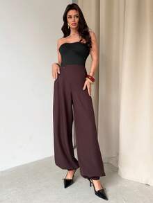 Firerie 女士优雅休闲时尚百搭纯色阔腿裤，中腰棕色裹身宽松阔腿裤，灯笼裤，宽松长裤，适合度假、假日、通勤、办公、教学等场合穿着，百搭实用 - 棕色 - 查看 4