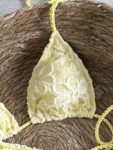 Swim Mod Women's Casual Vacation Beach Party Elegant Cute Solid Floral Knit Jacquard Bikini Two Pieces Swimwear, Spring/Summer Boho Bikini Set Butter Yellow Bikini Yellow Bathing Suit Set Lemon Bathing Suit Lemon Bikini - Pale Yellow - View 3