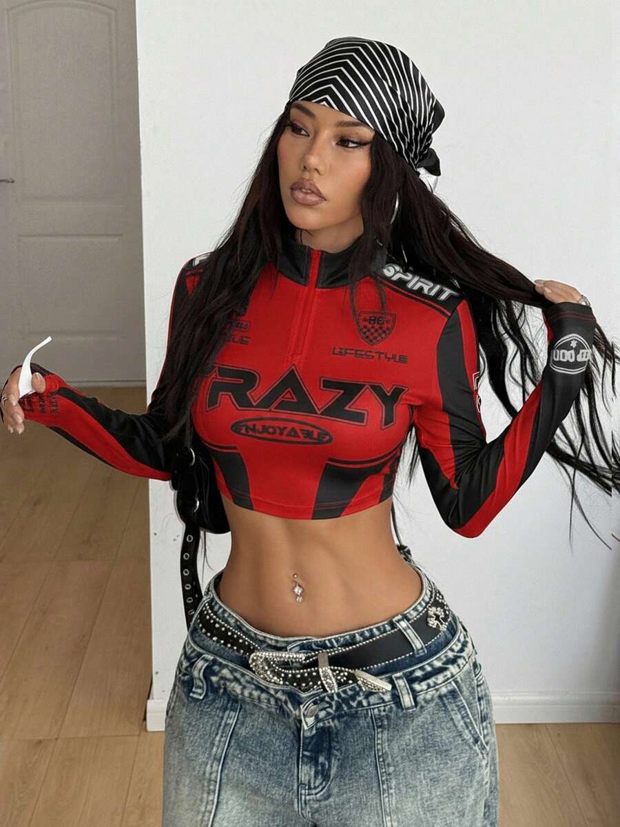 Coolane Women's Winter/Spring Streetwear Ricing Rave Game Day Stretchy Knit Graphics Quarter Zip Cropped Slim Fit Stretchy Red Long Sleeve Tops - Red - View 1