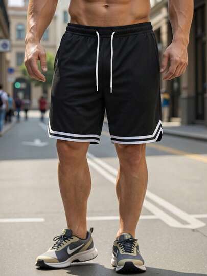 ResortEase 男裝大尺碼束口腰帶條紋紡織運動短褲籃球體育服
