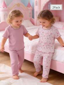 Baby Girls' Ditsy Floral Ribbed Fabric Short Sleeve Pajama Set With Ruffle Hem, Dusty Rose Floral Pajama Set Girls Sleepwear Girls Pajama Set - Dusty Pink - View 8
