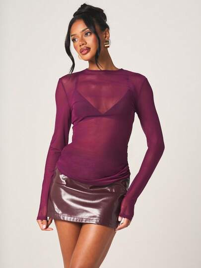 MISSGUIDED Women's Long Sleeve Burgundy Mesh Semi Sheer Crew Neck Fitted Bodysuit Top For Layering Fall Winter Evening