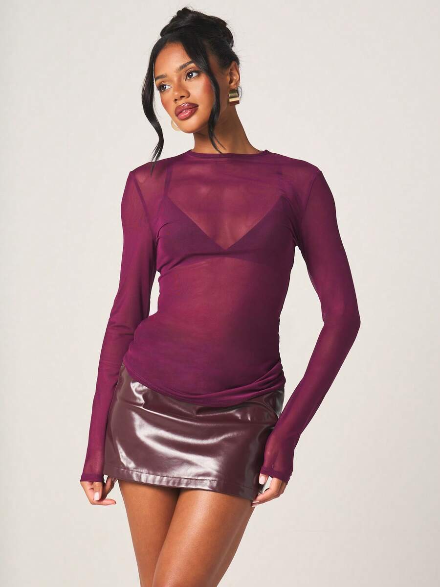 MISSGUIDED Women's Long Sleeve Burgundy Mesh Semi Sheer Crew Neck Fitted Bodysuit Top For Layering Fall Winter Evening - Red Violet - View 1