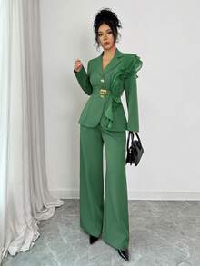 Elenzga Bộ vest nữ thu đông thanh lịch, sang trọng bằng chiffon lấp lánh cổ bèo nhún thắt eo: Áo blazer dài tay ôm dáng + Quần ống đứng, có túi, màu đỏ rượu vang - Màu xanh Bạc hà - Xem 6