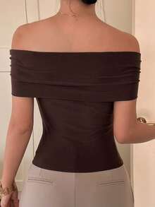 DAZY Áo thun ngắn tay nữ màu trơn, kiểu dáng trễ vai, đa năng, thích hợp mặc hàng ngày. - màu nâu - Xem 2