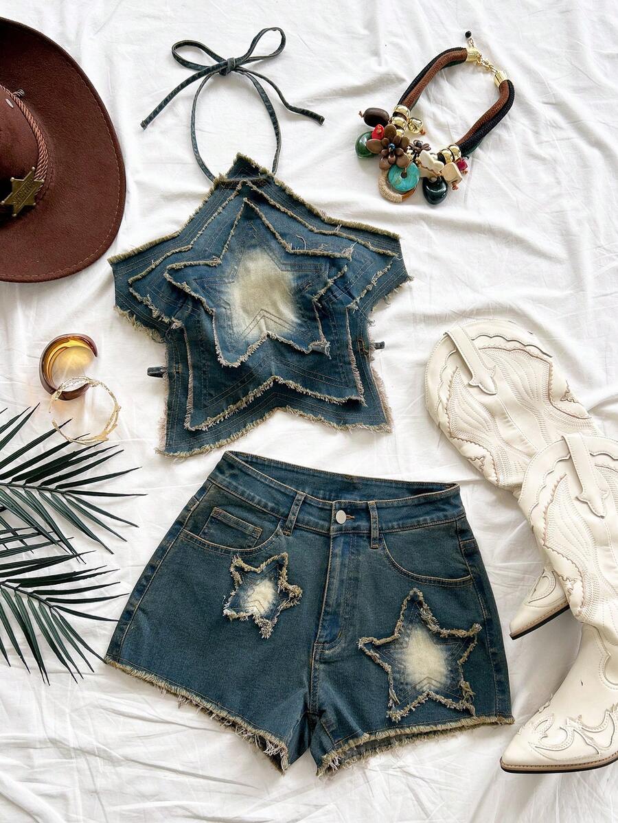 Soleia Spring/Summer New Casual Vacation Western Beach Wedding Guest Attire Graduation Brunch Women's Outfit St. Patrick's Day Spring Break Easter Music Festival Elegant Boho Tropical Backless Five-Pointed Star Tie-Up Denim 2-Piece Set - Multicolor - View 1