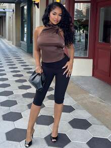 Alexandranx Women's New Turtleneck Open Back Tie Hem Brown Tank Top For Autumn/Winter Party & Evening - Brown - View 1