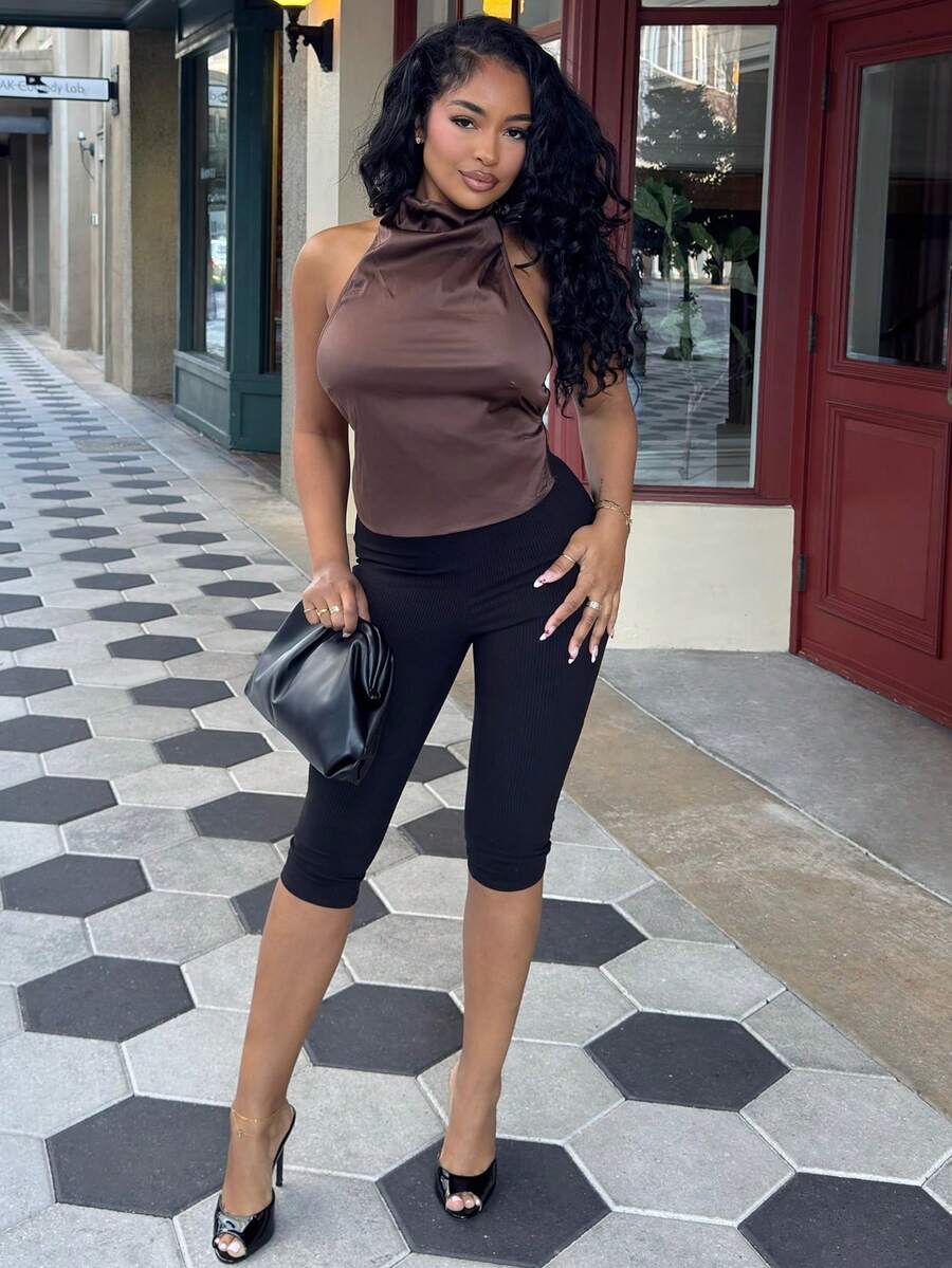 Alexandranx Women's New Turtleneck Open Back Tie Hem Brown Tank Top For Autumn/Winter Party & Evening - Brown - View 1