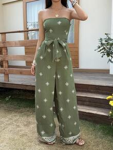 Livesso 女士印花扭结前襟抹胸阔腿连体裤，度假款 - 橄欖綠 - 查看 3