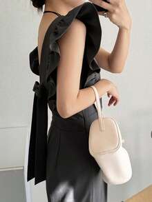 FRIFUL 女士荷叶边拼接前系带阔腿连体裤 - 灰色 - 查看 7