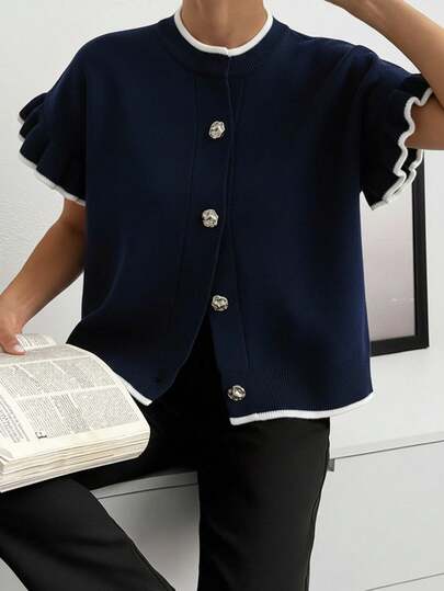 EURMUSE Chic Button Front Cardigan Blouse With Pleated Sleeves And Black Edges Short Sleeve Soft Knit Blouse With Frill Detail And Pearl Buttons Vintage Inspired Knit Top With Decorative Sleeves And Collar Piping