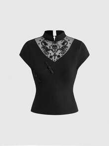 ROMWE Dark Academia Gothic Embroidered Scorpion Women T-Shirt - Black - View 3