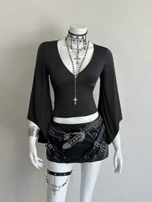 Sunspun Sexy Deep V-Neck Flare Sleeve T-Shirt, Elegant Lady Style Slim Fit Gorgeous Blouse - Black - View 1