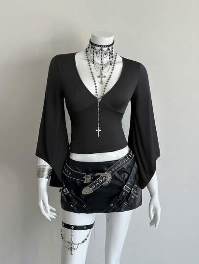 Sunspun Sexy Deep V-Neck Flare Sleeve T-Shirt, Elegant Lady Style Slim Fit Gorgeous Blouse