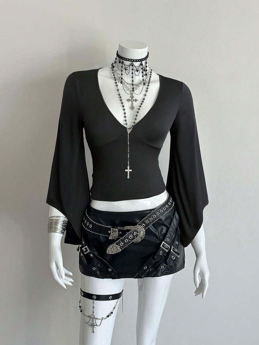 Sunspun Sexy Deep V-Neck Flare Sleeve T-Shirt, Elegant Lady Style Slim Fit Gorgeous Blouse - Black - View 1