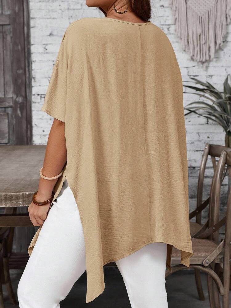 Plus Size Asymmetrical Hem Batwing Sleeve Casual Vacation Shirt, Summer