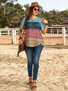 EMERY ROSE Plus Size Women Round Neck Color Block Casual Everyday Short Sleeve T-Shirt - Multicolor - View 6