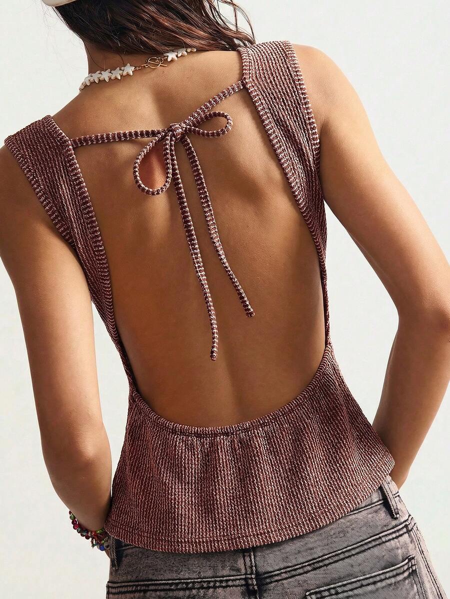 Bohemela Top ajustado sin espalda de punto de unicolor casual para mujer - Óxido marrón - Ver 1