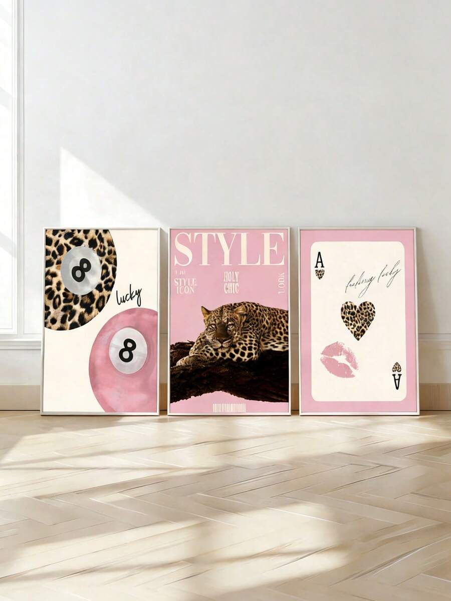 Tranh treo tường họa tiết báo đốm, tranh vẽ trên vải canvas hình quả cầu may mắn số 8, tranh màu hồng nữ tính, tranh trang trí thanh lịch phù hợp cho phòng ngủ, phòng khách hoặc ký túc xá, quà tặng cho phái nữ, không bao gồm khung. - Nhiều màu - Xem 1