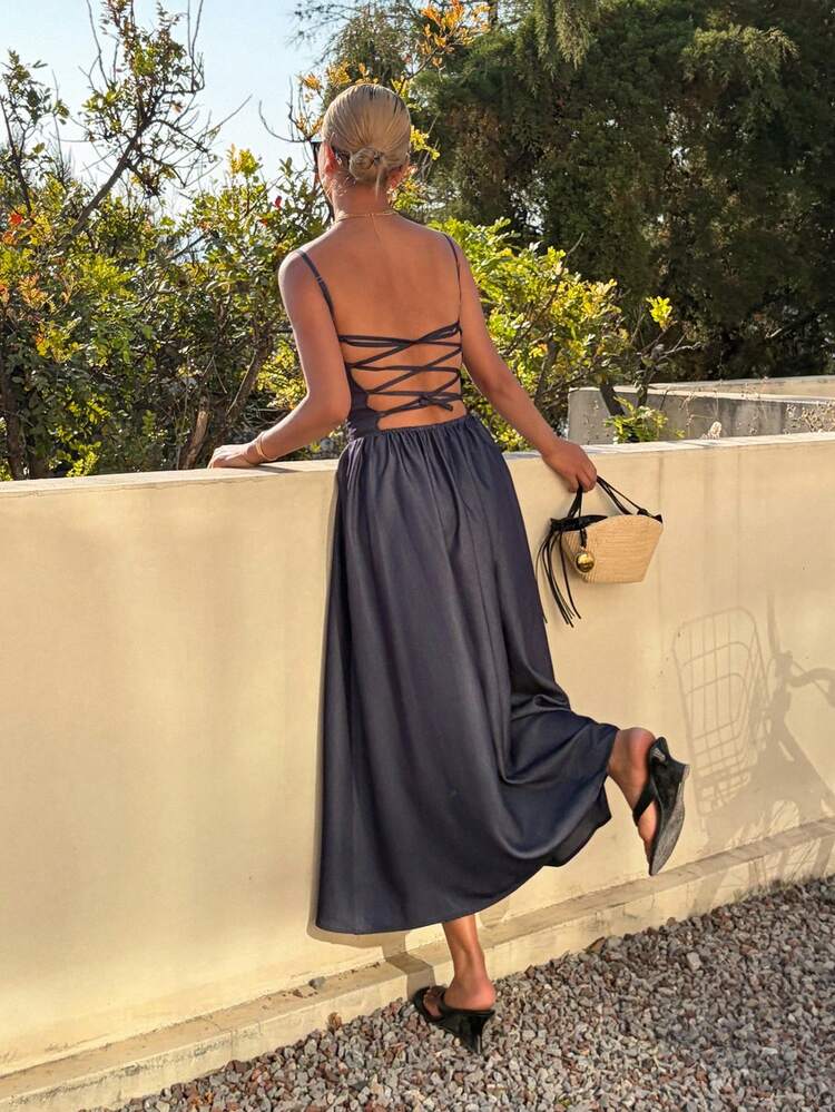 Casual Vacation Beach Outfit Backless Mid-Length Dress For Women, Spring & Summer