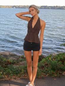 Sydney Algeri 露背深 V 领收腰 A 字形露背条纹背心 - 棕色 - 查看 5