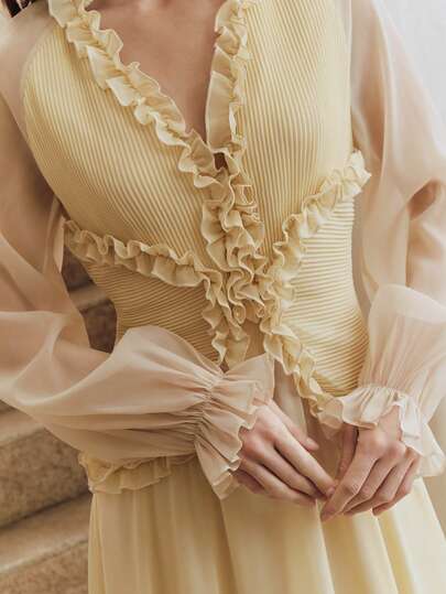 Anewsta Elegant Ruched Flounce Lantern Sleeve Dress For Women