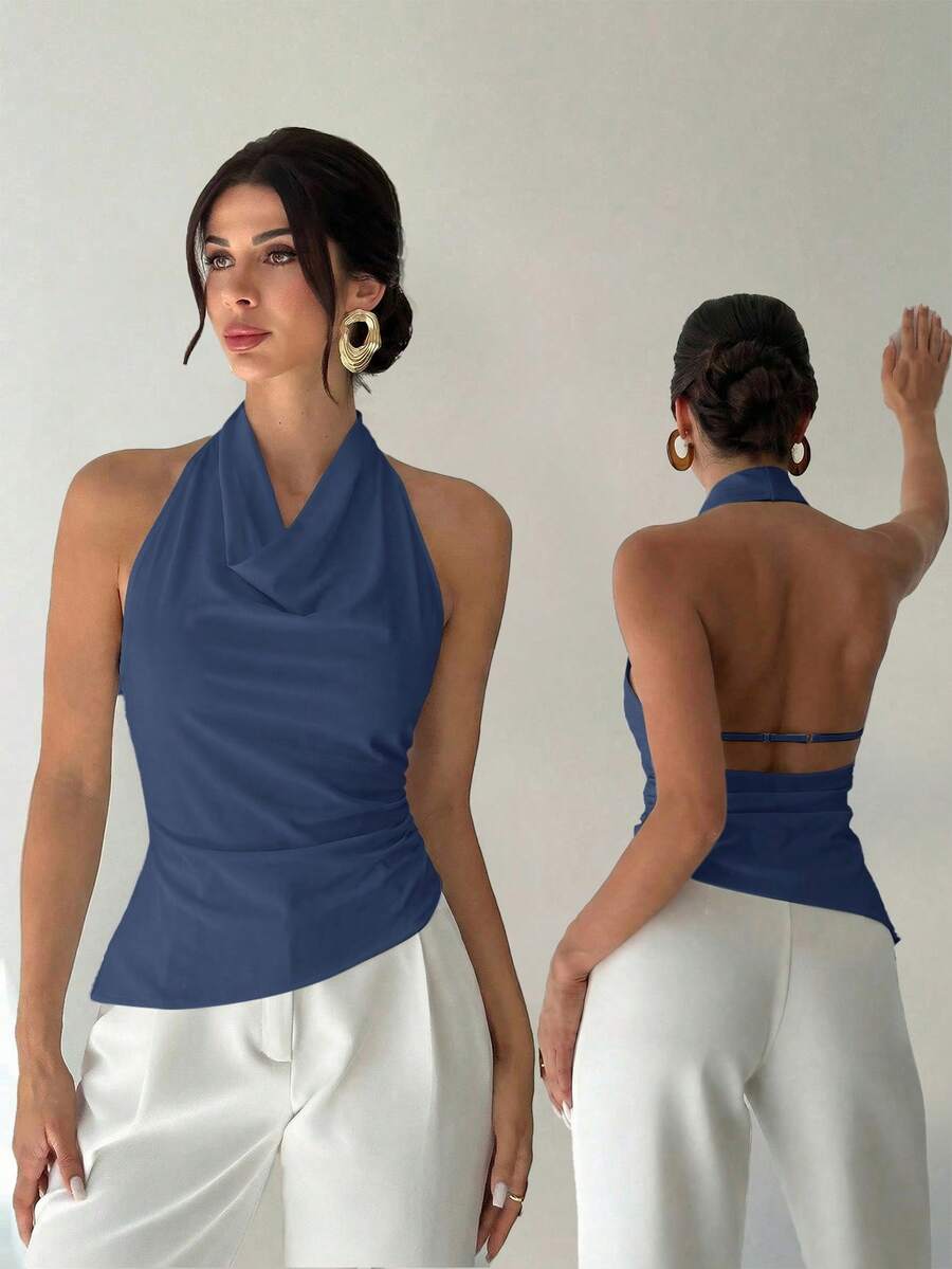 Firerie 女士新款优雅通勤衬衫，不对称领无袖露背吊带可调节纽扣装饰修身黑色办公衬衫，女士通勤衬衫，春夏服装，通勤，优雅，性感 - 霧霾藍 - 查看 1