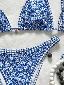 Swim Vcay Women's Casual Vacation Beach Party Elegant Floral Print Knit Fabric Countryside Style Bikini Beach Outfit 2-Piece Set, Spaghetti Strap Swimwear, New Arrival - Blue - View 4