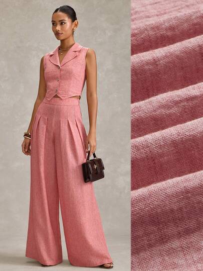 RueChic Women, Spring, Summer, Pink Two Pieces Set, Rose Crop Vest And Wide-Leg Pants, Sleeveless Buttoned Vest, High-Waist Pleated Wide-Leg Trousers, Linen-Look Summer Co-Ord, Matching Pink Co-Ord Set, Crop Vest With Gold Buttons, Breathable Summer Separates, Feminine Pink Separates, Resort-Ready Pink Outfit, Casual Chic Two Pieces, Vacation-To-Evening Ensemble, Capsule Wardrobe Pink Set, Tailored Sleeveless Vest