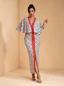 JIAN LASALA All-Over Print Color Block V Neck Capelet Women Maxi Dress With Slit Summer Vacation Boho Elegant - Multicolor - View 3