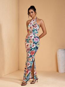JIAN LASALA Multi Floral Print Halter Neck Tie Backless Women Summer Long Dress Vacation Casual Elegant - Multicolor - View 4