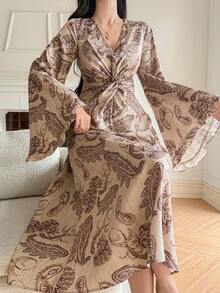 DAZY Women's Elegant Commuter Paisley Print Twist Flare Sleeve Midi Dress - Brown - View 6