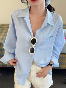 DAZY Women's Casual & Commute Striped Shirt, Spring/Summer - Blue - View 2