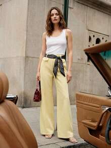 Anewsta Pantalones de traje versátiles para mujer, de pierna ancha, de estilo casual moderno, de color amarillo claro con bolsillo parche, apropiados para la oficina y el uso diario - Amarillo claro - Ver 8